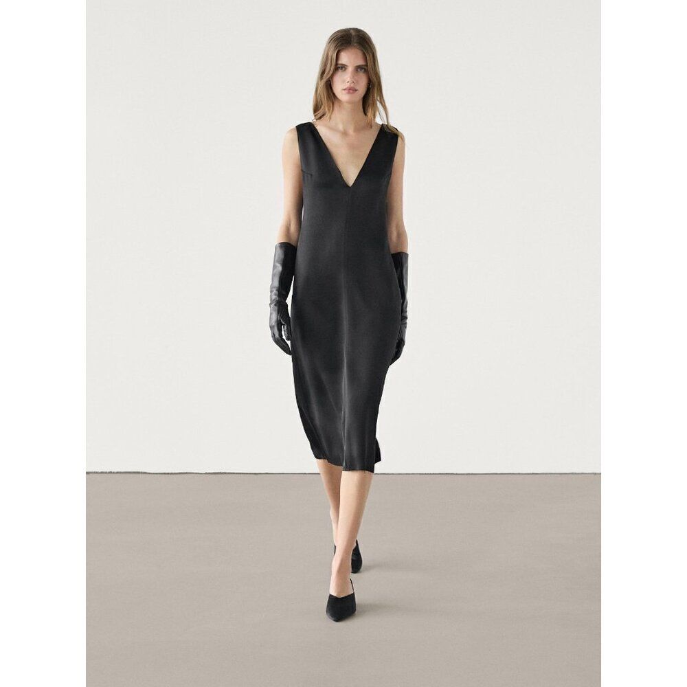 Massimo Dutti Womens Midi Dress EU 38 US 6 Black V-Neck Sleeveless 6654/550 NWT